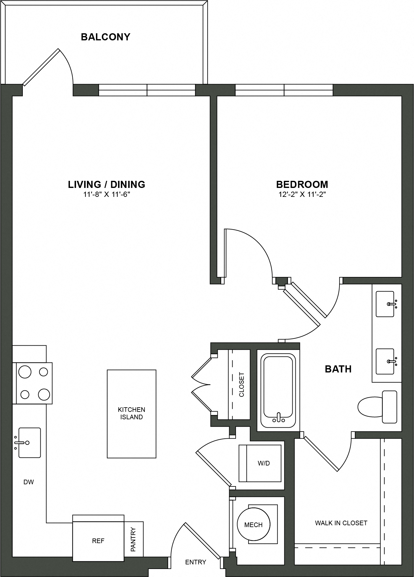 Floor plan for 1 bed, 1 bath, 723 sqft